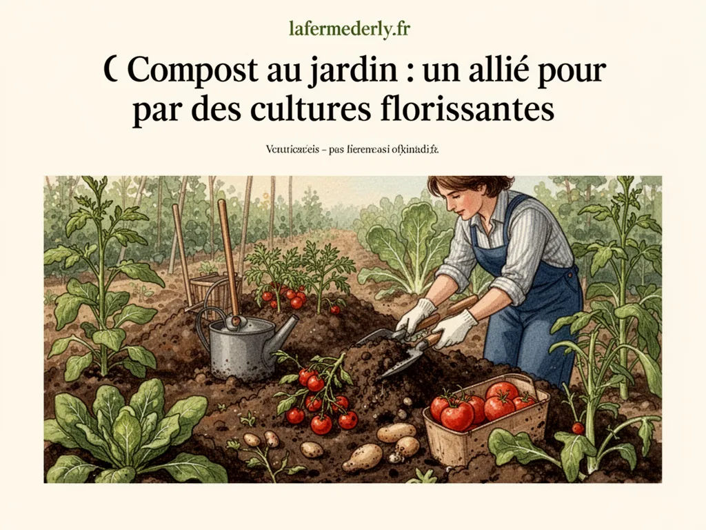 Un composteur avec des déchets organiques et des plantes en arrière-plan.