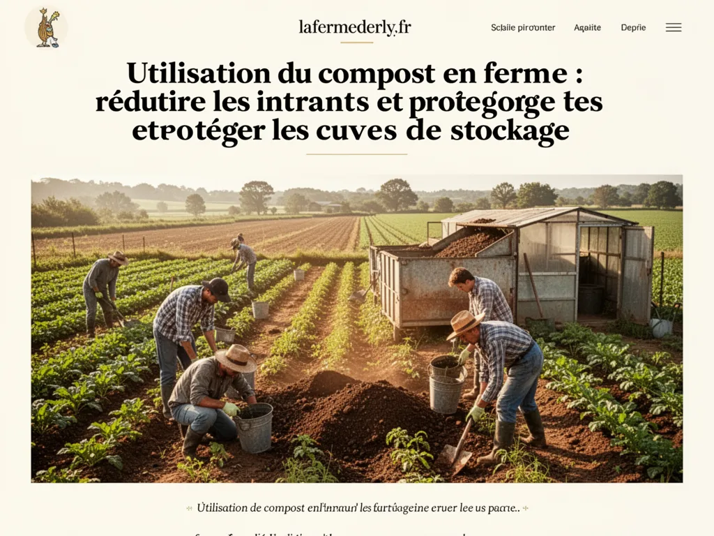 Tas de compost mûr à côté d'une parcelle agricole, brouette et cuve de stockage en arrière-plan